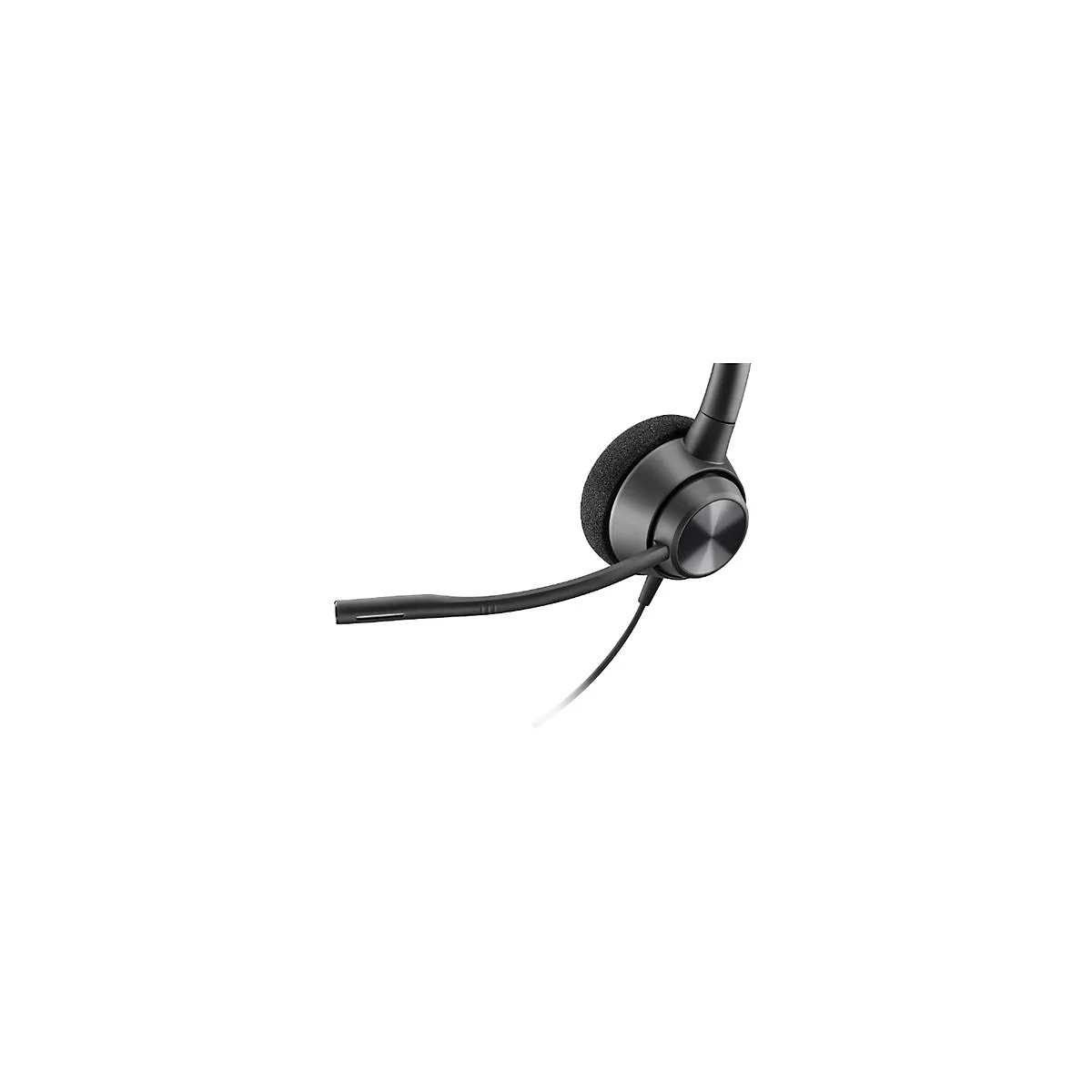 Drahtloses Headset in Schwarz, Nahaufnahme. Ein Ohrhörer mit Mikrofon und Kabel vor weißem Hintergrund.