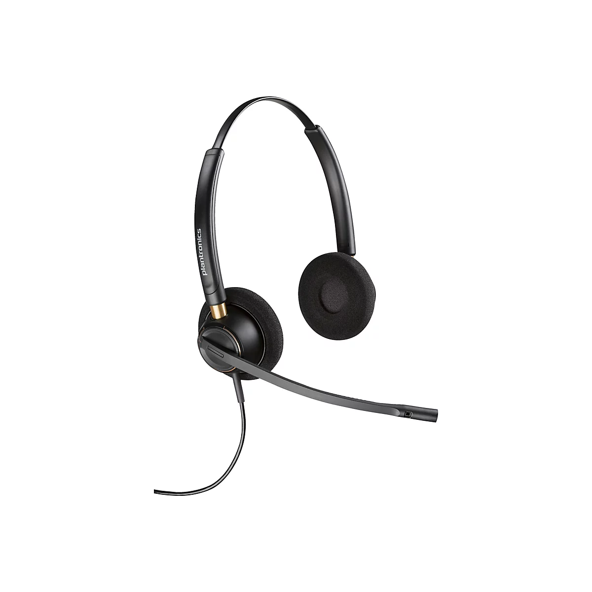 Schwarzes Plantronics Headset mit Bügel und Mikrofonarm vor weißem Hintergrund.