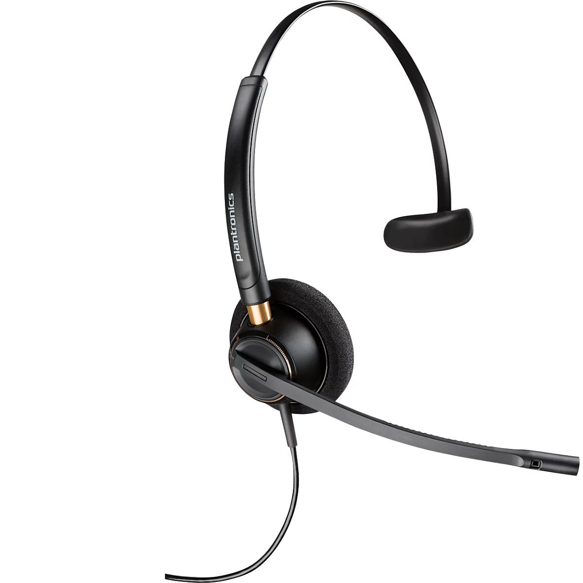 Black headset with microphone on white background. The headset has a headband that goes over the head and a cushioned earpiece.