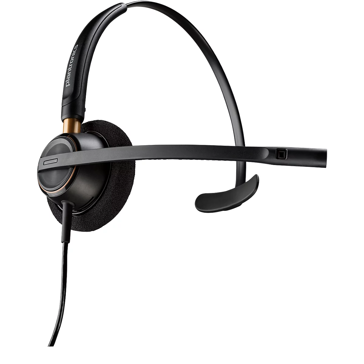 Black headset with headband and microphone, cable. Black ear cushion, adjustable headband. Plantronics lettering.