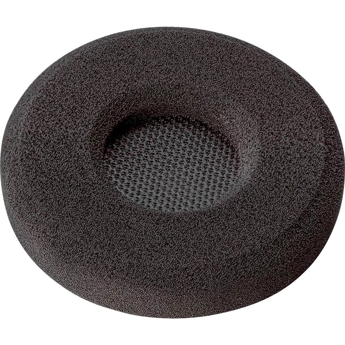 Dark gray headphone earcup. Round shape, a mesh inside. Rough, porous surface.