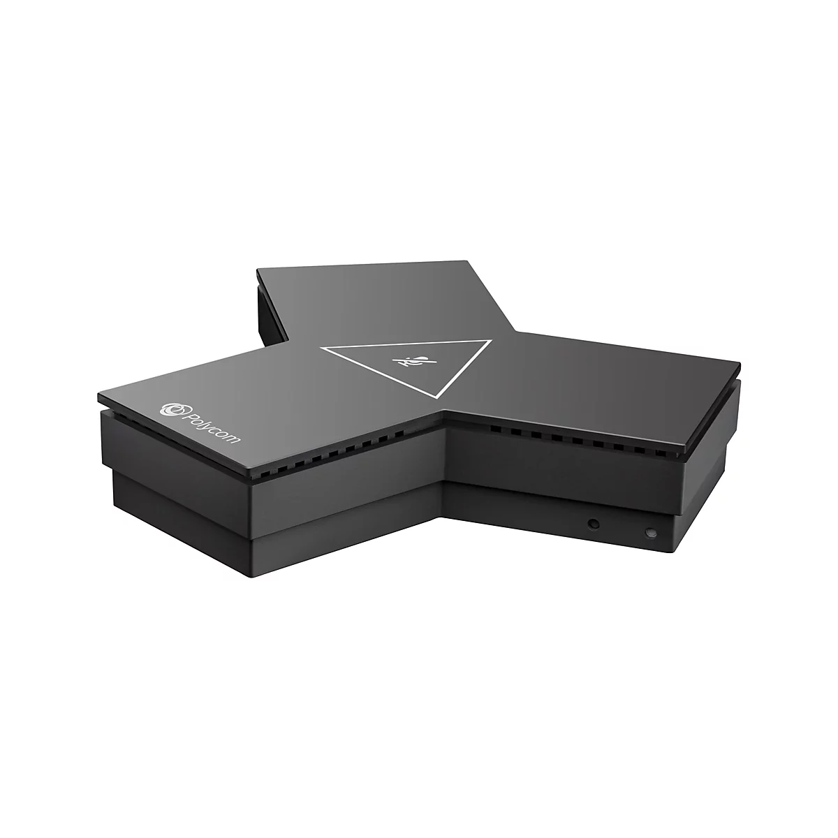 Un système de conférence Polycom noir en forme d'étoile. Il y a un symbole de microphone sur le dessus.