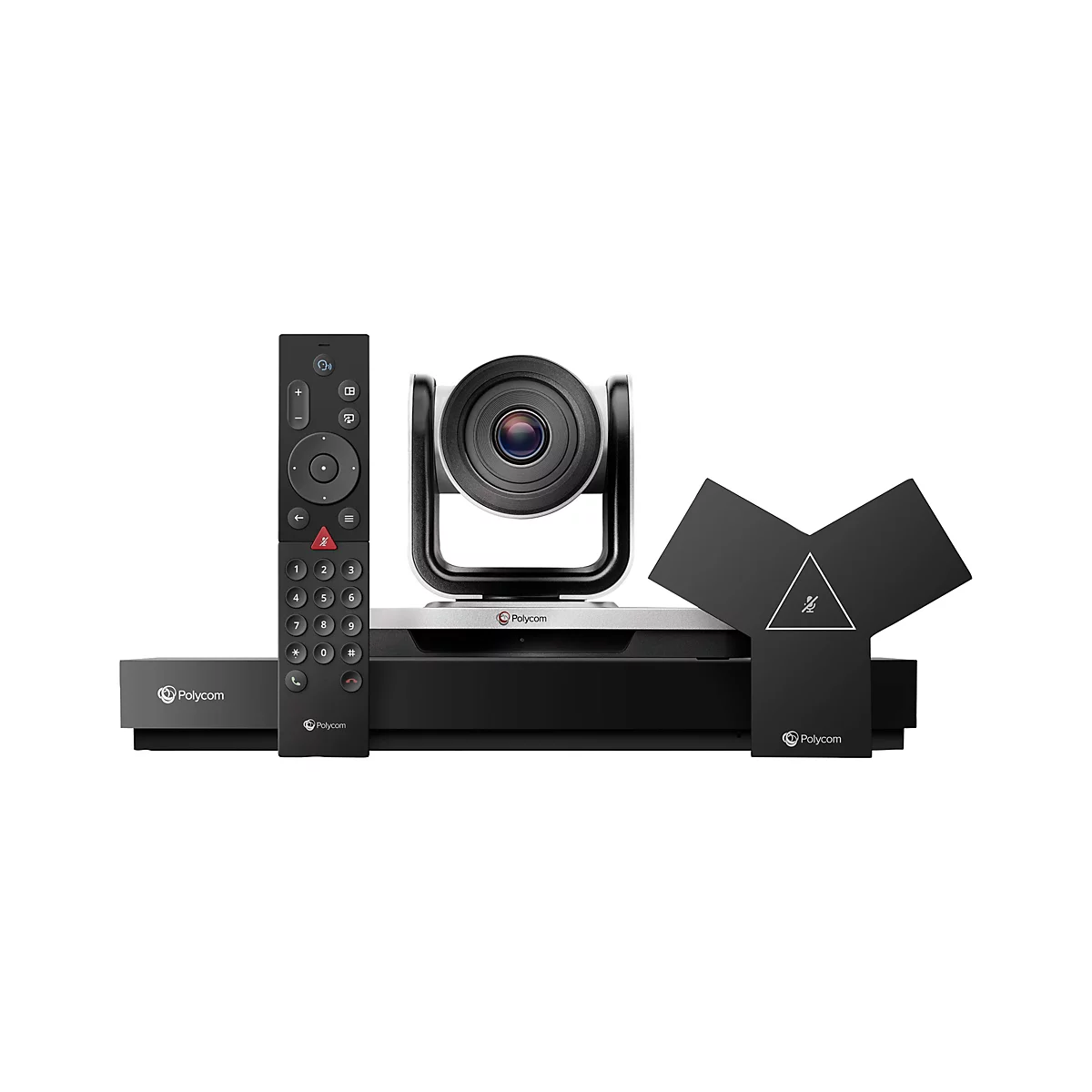 Videokonferenzanlage mit Kamera, Fernbedienung und Mikrofon. Auf schwarzem Grund vor weißem Hintergrund. Logos von Polycom.