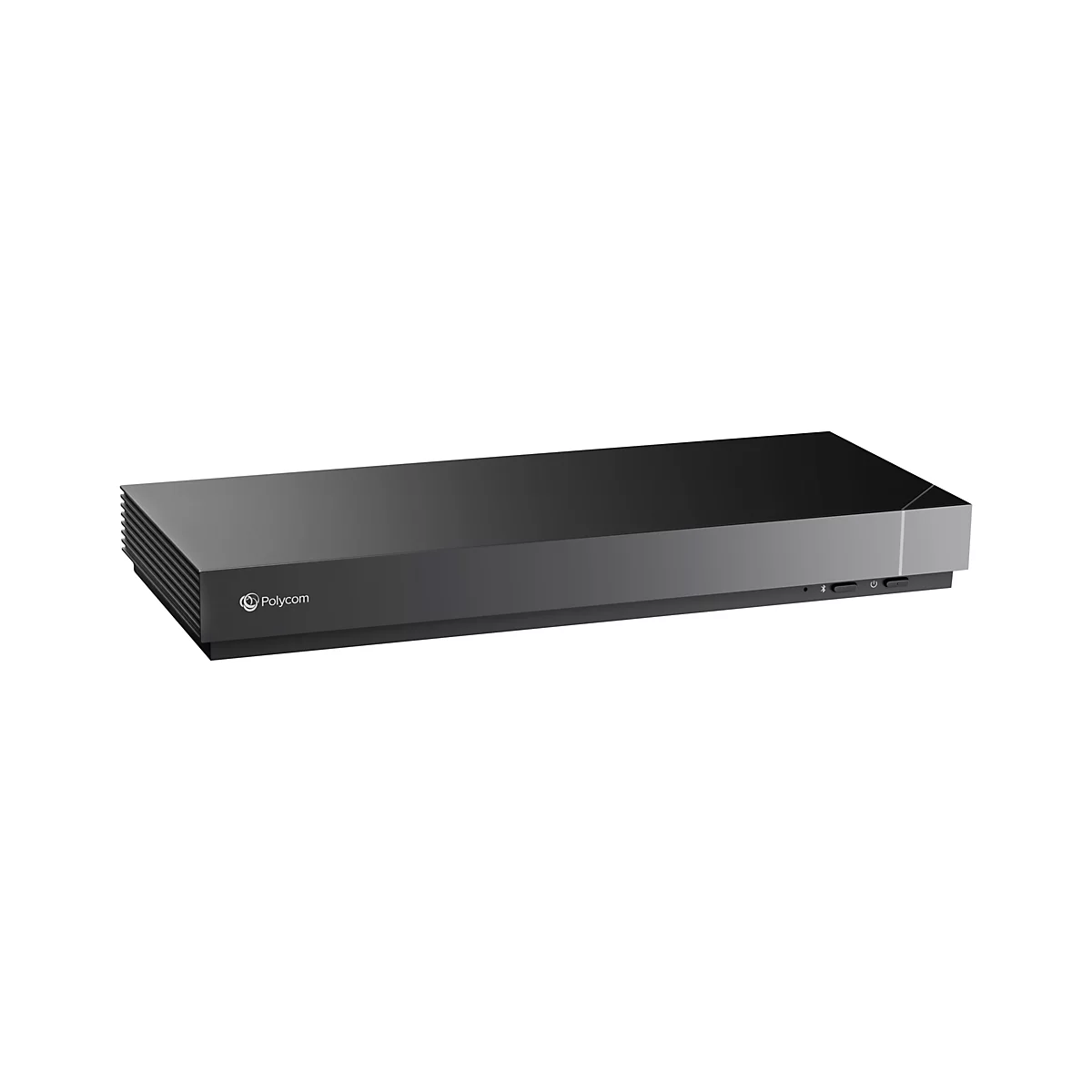 Schwarzes Polycom-Videokonferenzsystem. Auf der Vorderseite das Polycom-Logo. Auf der Oberseite befinden sich einige Tasten.