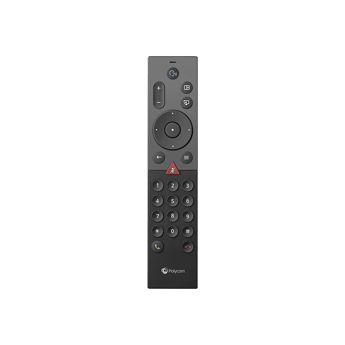 Schwarze Fernbedienung mit Knöpfen und Tasten, darunter Ziffern und Symbole. Das Polycom-Logo ist unten platziert.