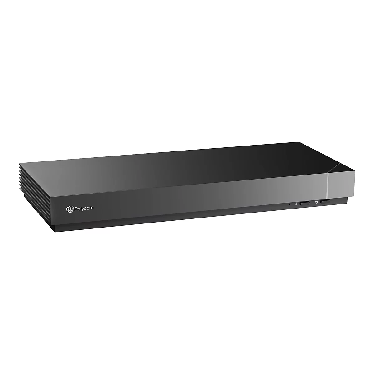 Schwarzes Polycom-Gerät mit Bedienknöpfen, Logo links. Auf weißem Hintergrund.