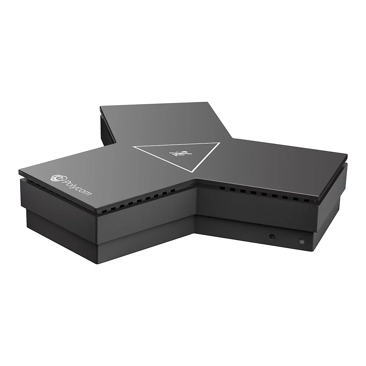 Schwarzes Polycom-Konferenztelefon, sternförmig, mit weißem Symbol und Polycom-Logo.
