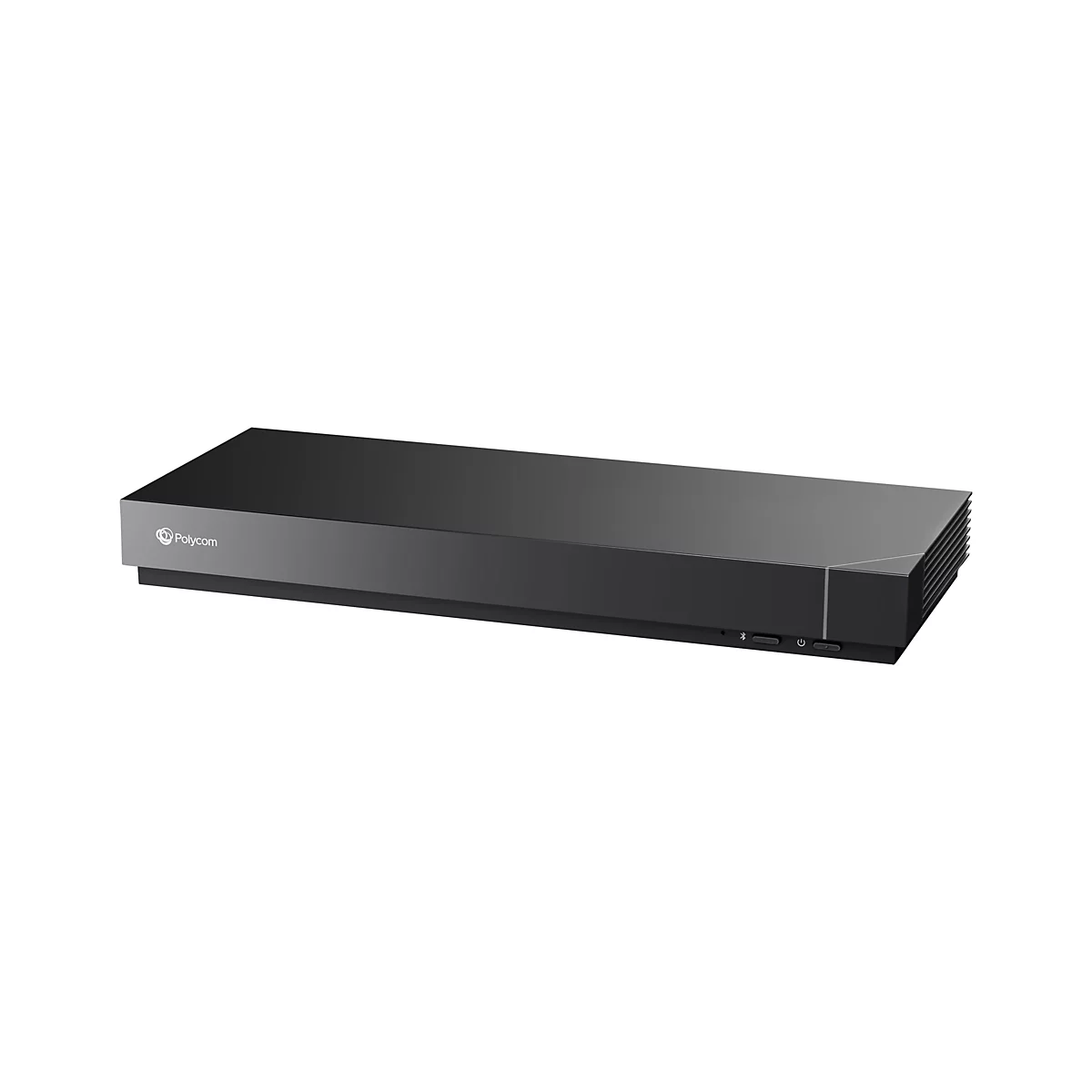 Schwarzes Polycom-Gerät mit Bedienknöpfen, Logo und Lüftungsschlitzen. Auf weißem Hintergrund.