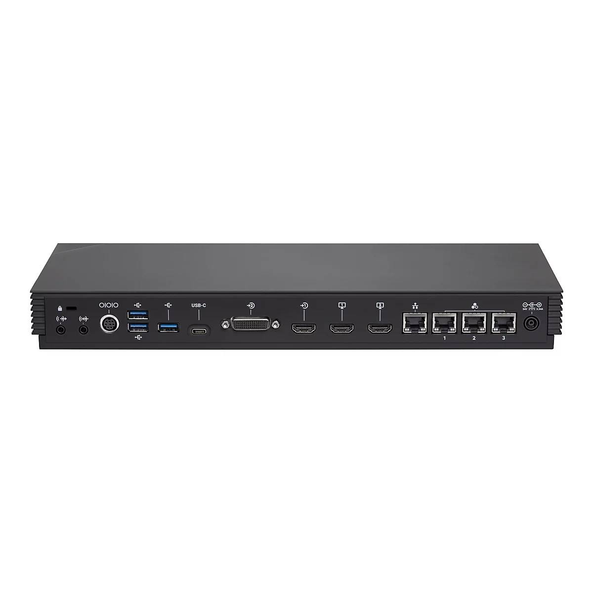 Ein schwarzes elektronisches Gerät mit vielen Anschlüssen: USB-C, HDMI, Ethernet, etc. Auf weißem Hintergrund.