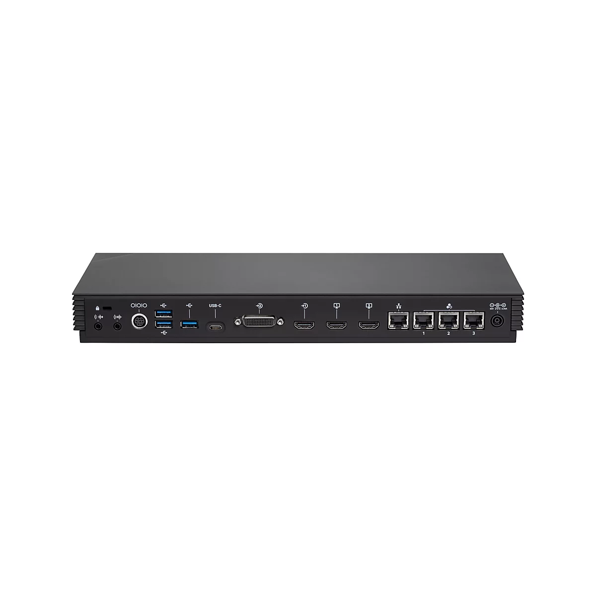 Schwarzes elektronisches Gerät mit Anschlüssen auf weißem Hintergrund. Vorne: Anschlüsse, USB-C, HDMI, Ethernet und Stromanschluss.