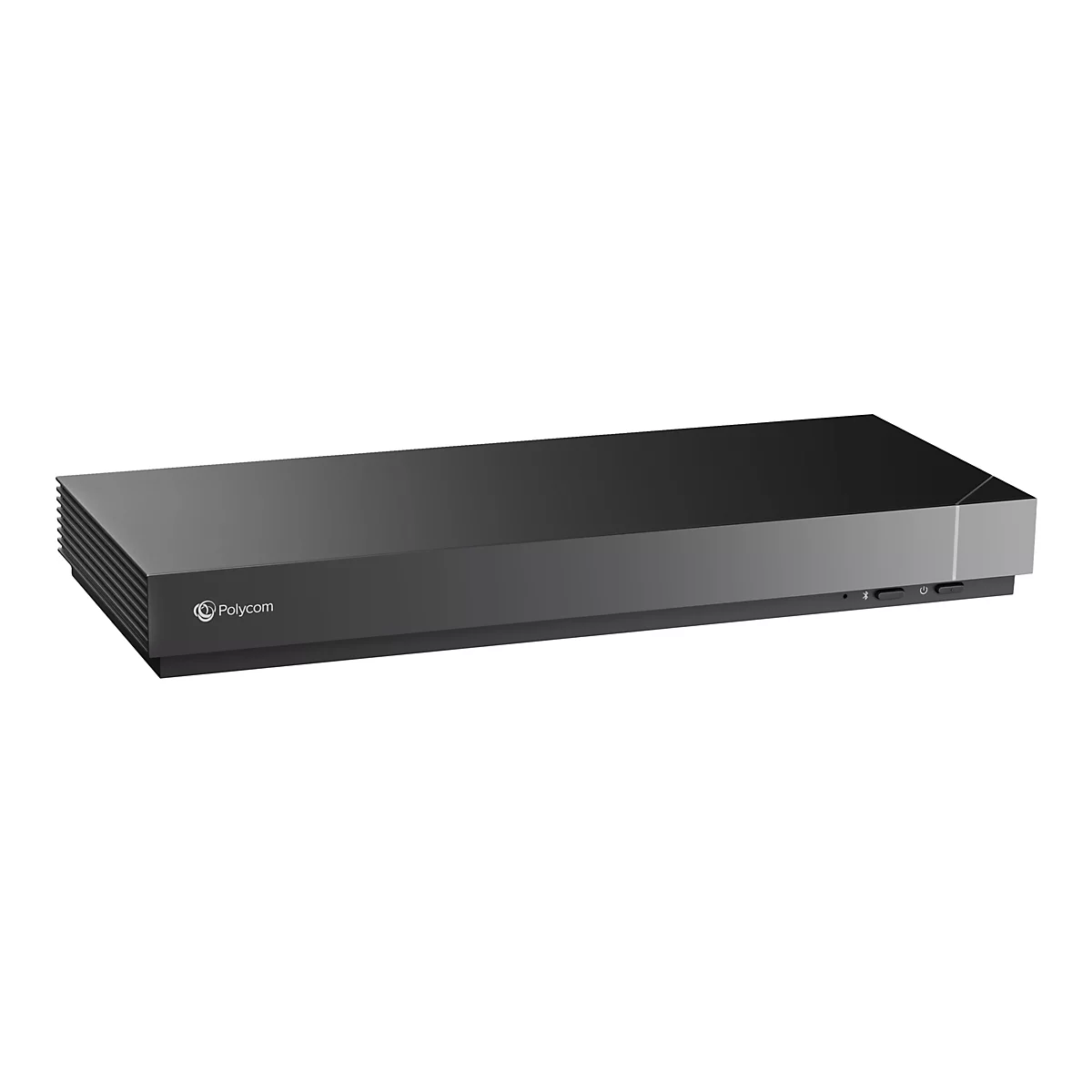 Ein schwarzes Polycom-Gerät mit Bedienknöpfen und Polycom-Logo auf weißem Hintergrund.