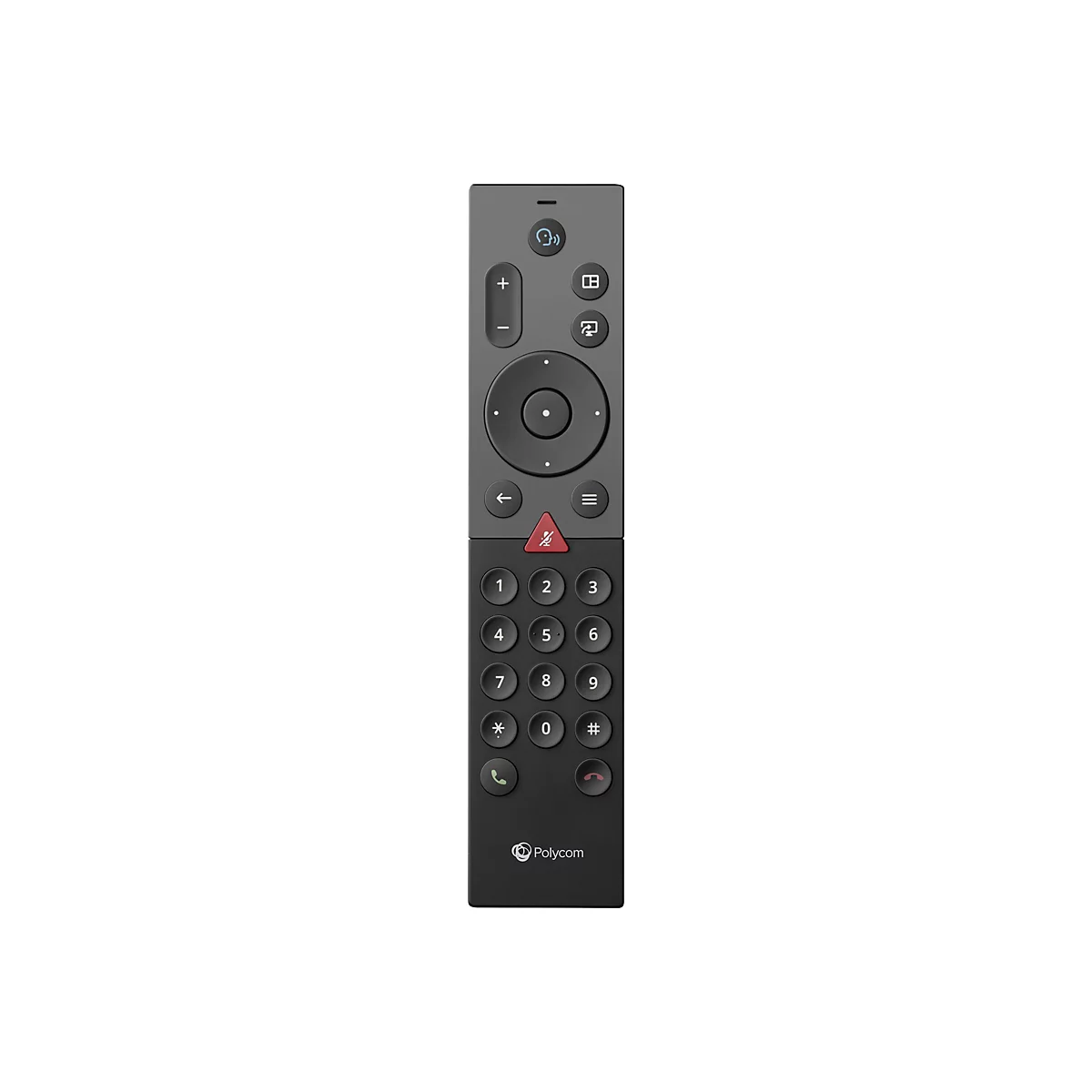 Ein schwarzes Polycom-Telefonbedienteil mit Tasten und Funktionen.