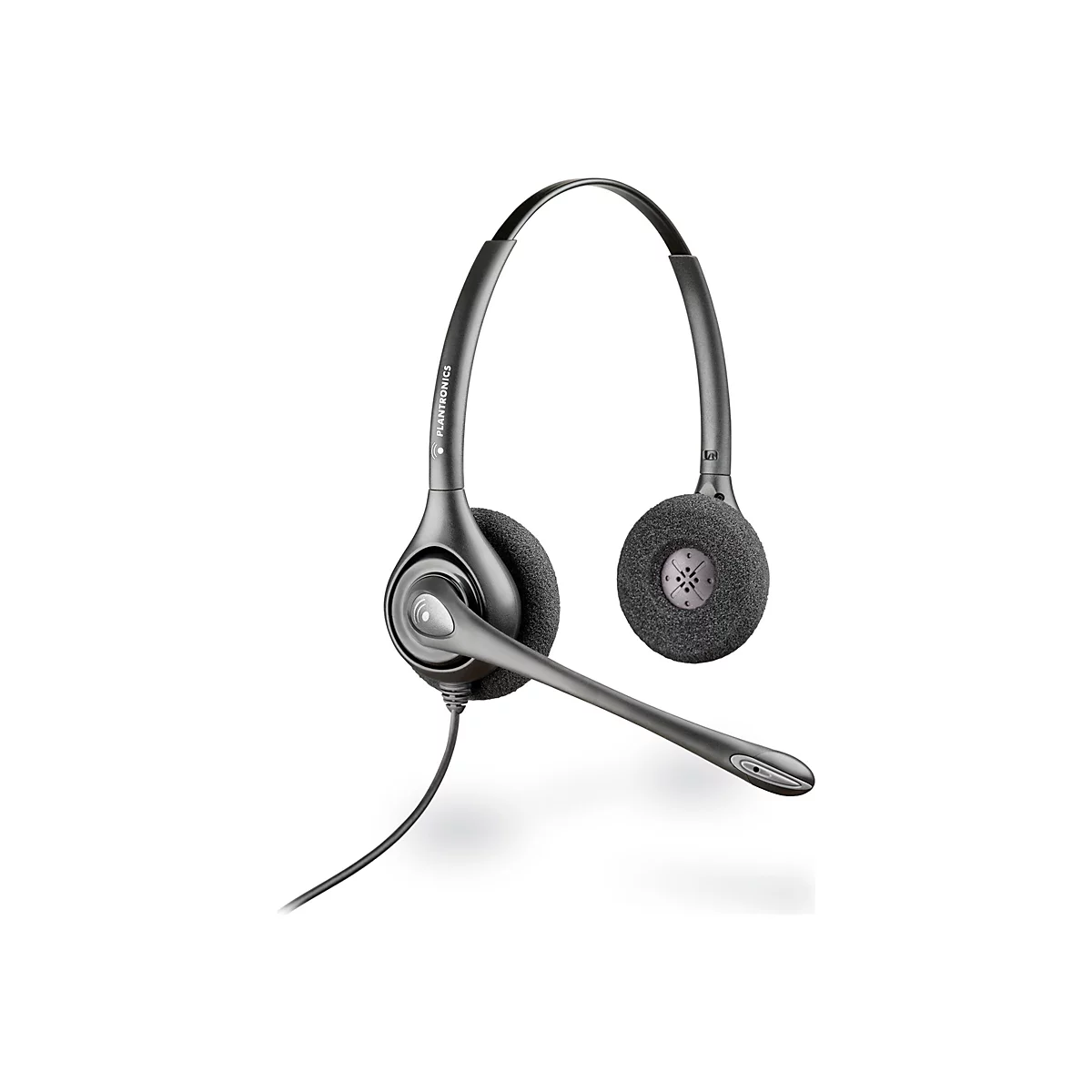 Un casque gris avec un microphone sur fond blanc. Le serre-tête porte l'inscription "Plantronics".