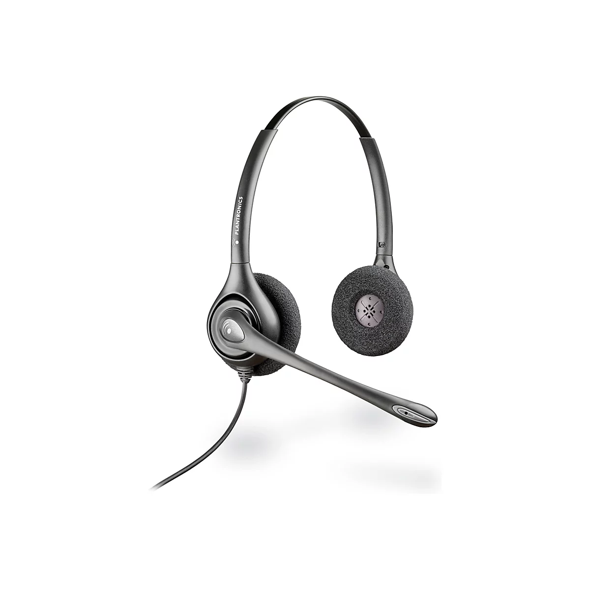 Casque gris avec microphone sur fond blanc. Le bandeau porte l'inscription Plantronics.