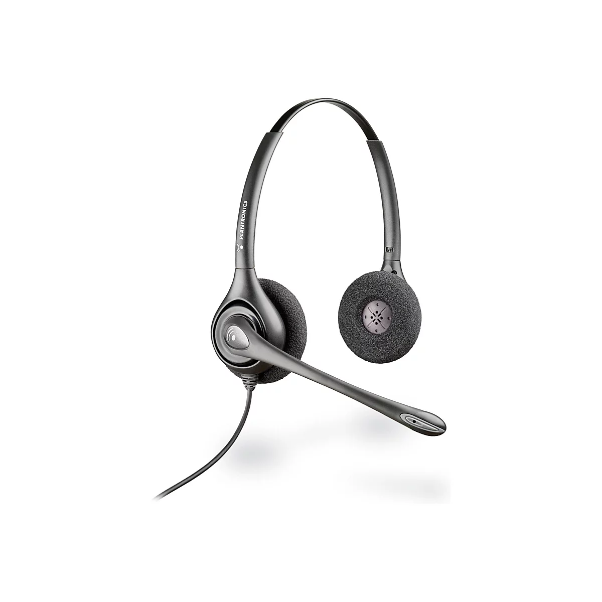 Casque gris avec microphone sur fond blanc. L'inscription Plantronics est visible sur le support.
