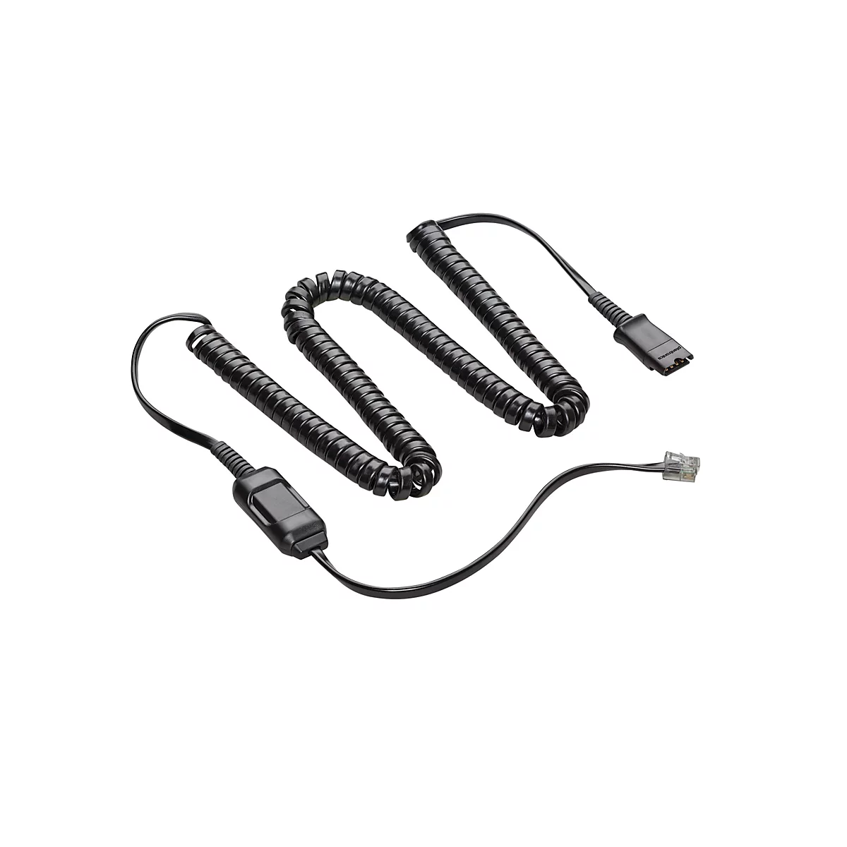 Schwarzes Spiralkabel mit Telefonsteckern. Ein Stecker mit mehreren Kontaktstiften, ein quadratischer Stecker und ein rechteckiger Stecker.