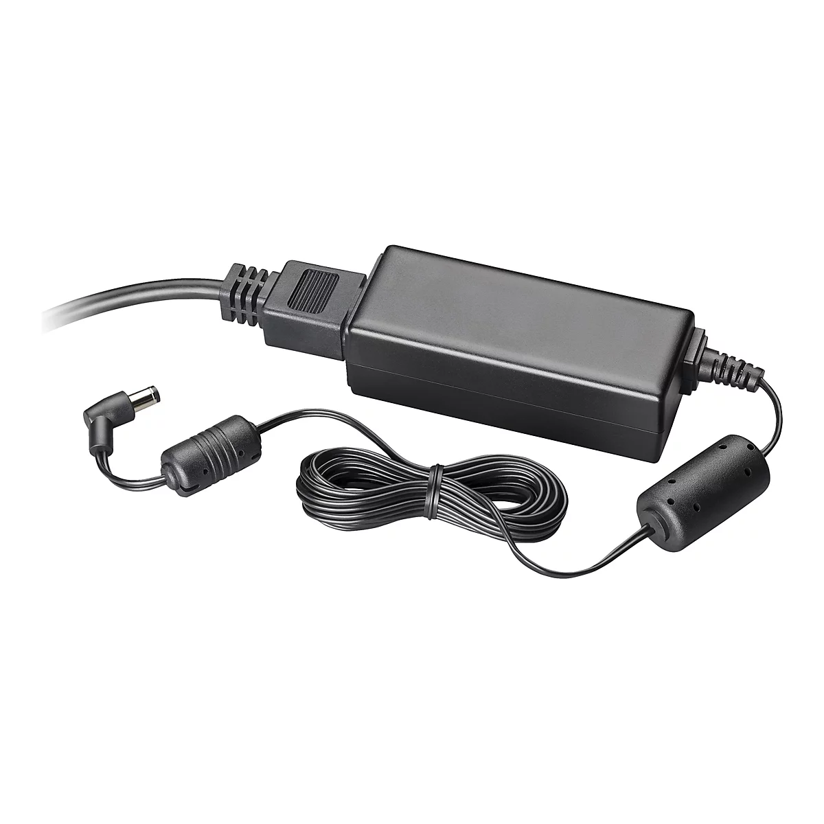 Un adaptateur secteur noir avec câbles et prise sur fond blanc. Le câble est enroulé.