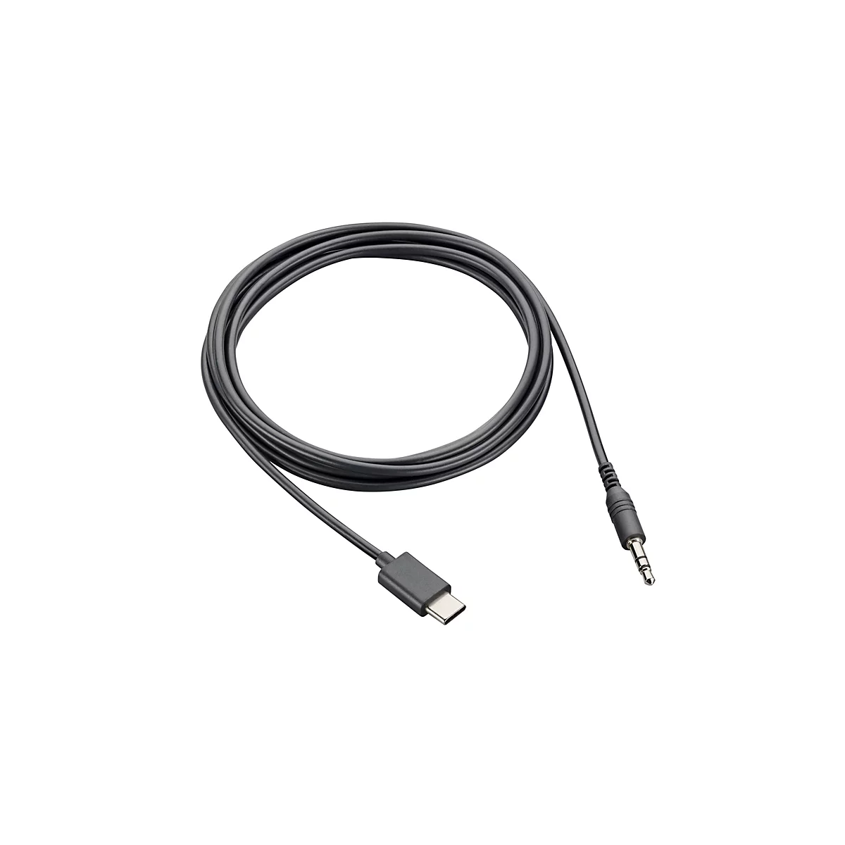 Ein schwarzes USB-C-auf-3,5-mm-Audiokabel liegt auf weißem Hintergrund. Das Kabel ist in einer lockeren Schlaufe gelegt, mit einem USB-C-Anschluss an einem Ende und einem 3,5-mm-Klinkenstecker am anderen.