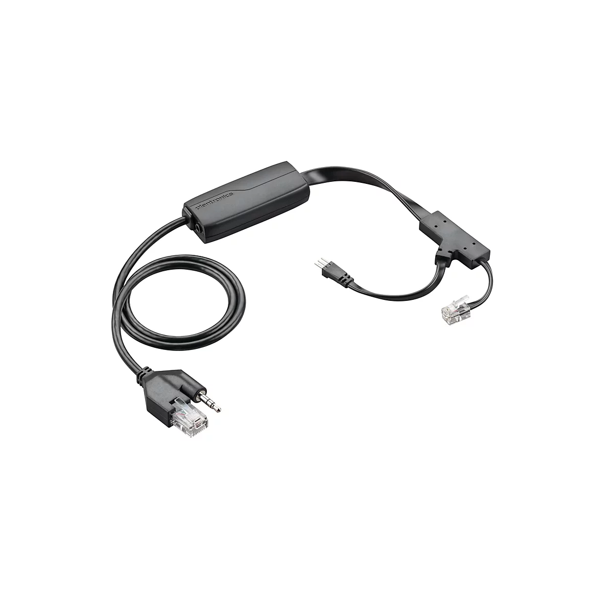 Ein schwarzes Plantronics-Kabel mit verschiedenen Anschlüssen, darunter ein RJ9-Stecker, ein RJ45-Stecker, ein 3,5-mm-Klinkenstecker und eine Steuereinheit.