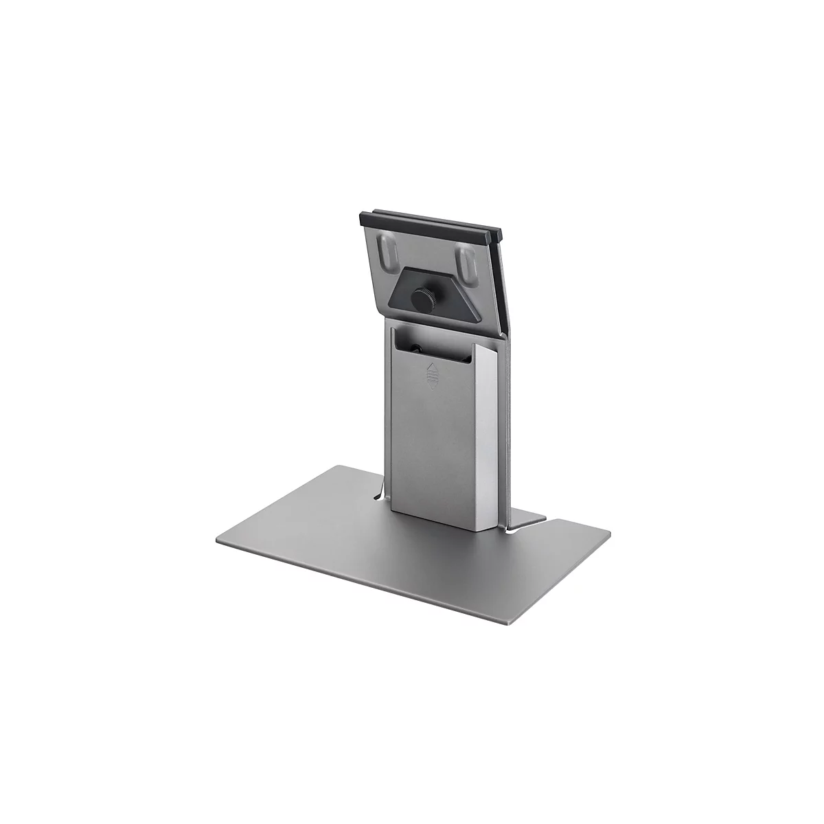 Ein grauer Monitorständer aus Metall, mit einem Standfuß und einer Halterung für den Monitor, vor weißem Hintergrund.