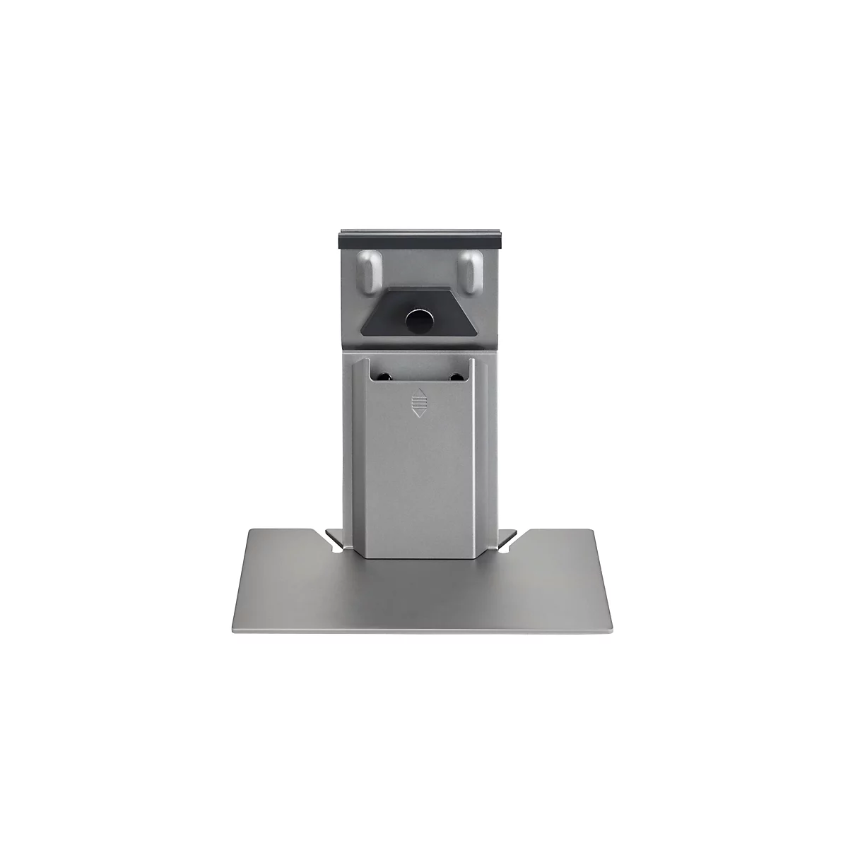 Ein silberner Monitorständer vor weißem Hintergrund. Der Ständer hat eine Basis, einen zentralen Schaft und eine Halterung.