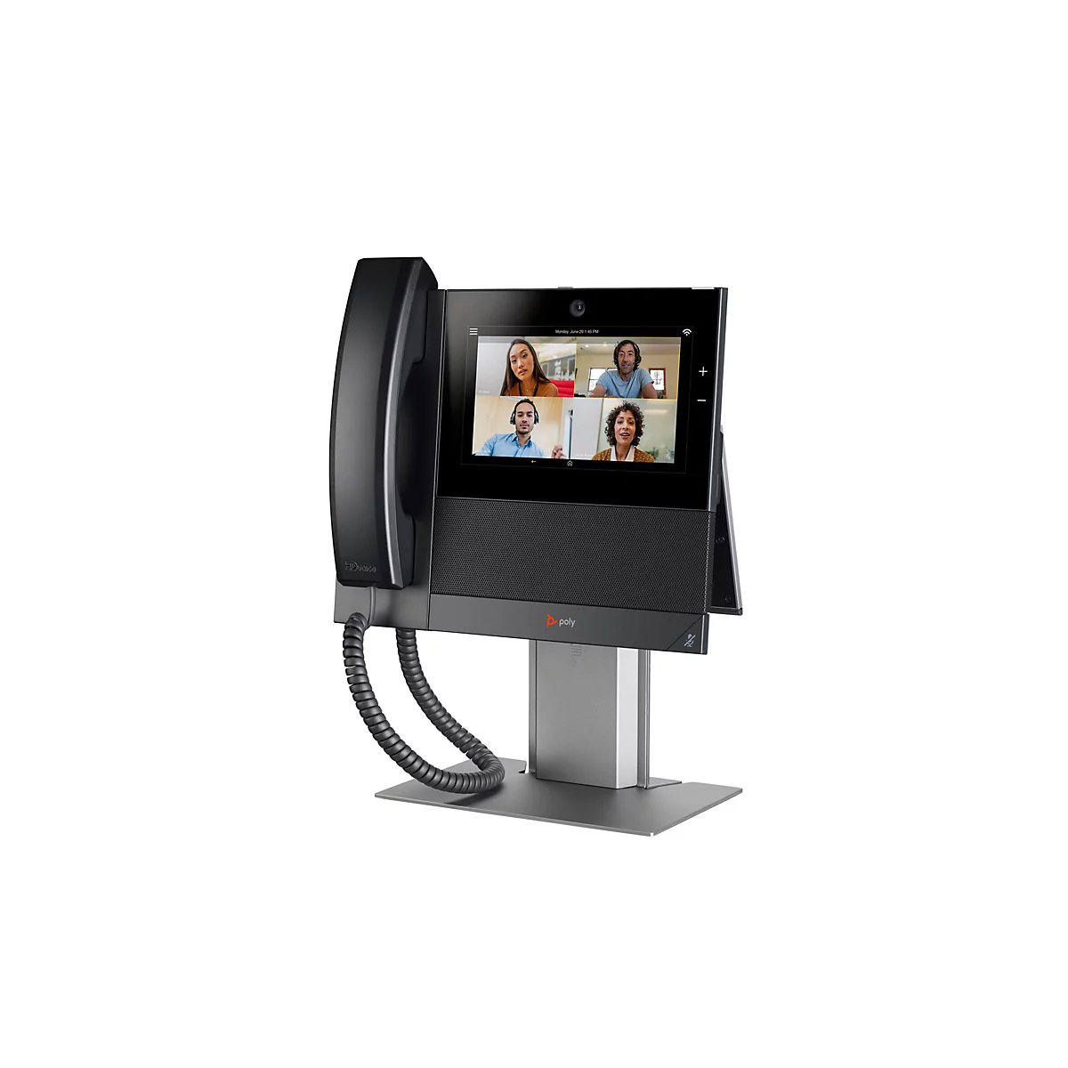 Schwarzes Videokonferenzsystem mit Telefonhörer, Bildschirm und Lautsprecher. Auf dem Bildschirm sind vier Personen in einer Videokonferenz zu sehen.