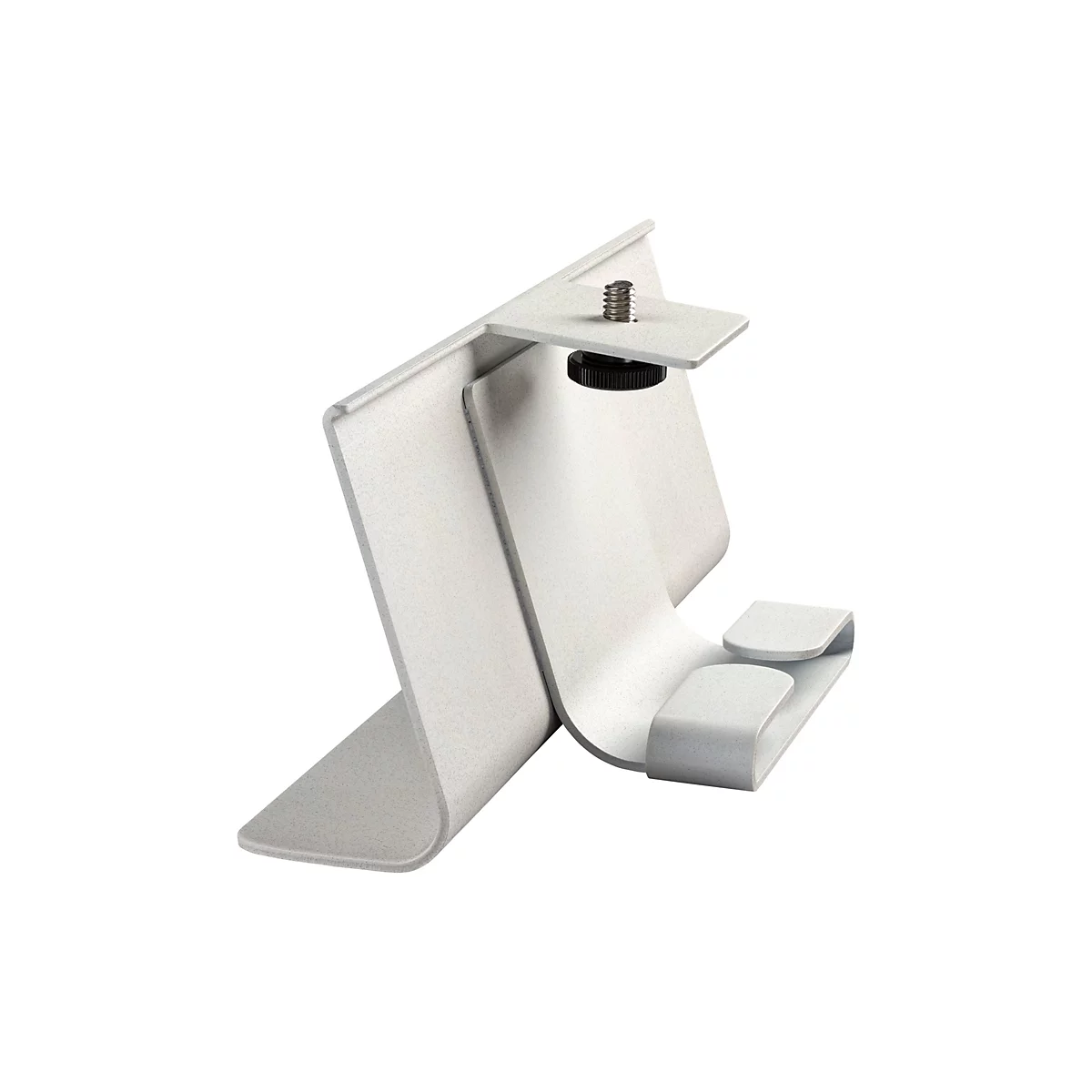 Ein hellgrauer Kopfhörerständer vor weißem Hintergrund. Der Ständer besteht aus gebogenem Metall mit zwei Ablagen und einem Schraubmechanismus.