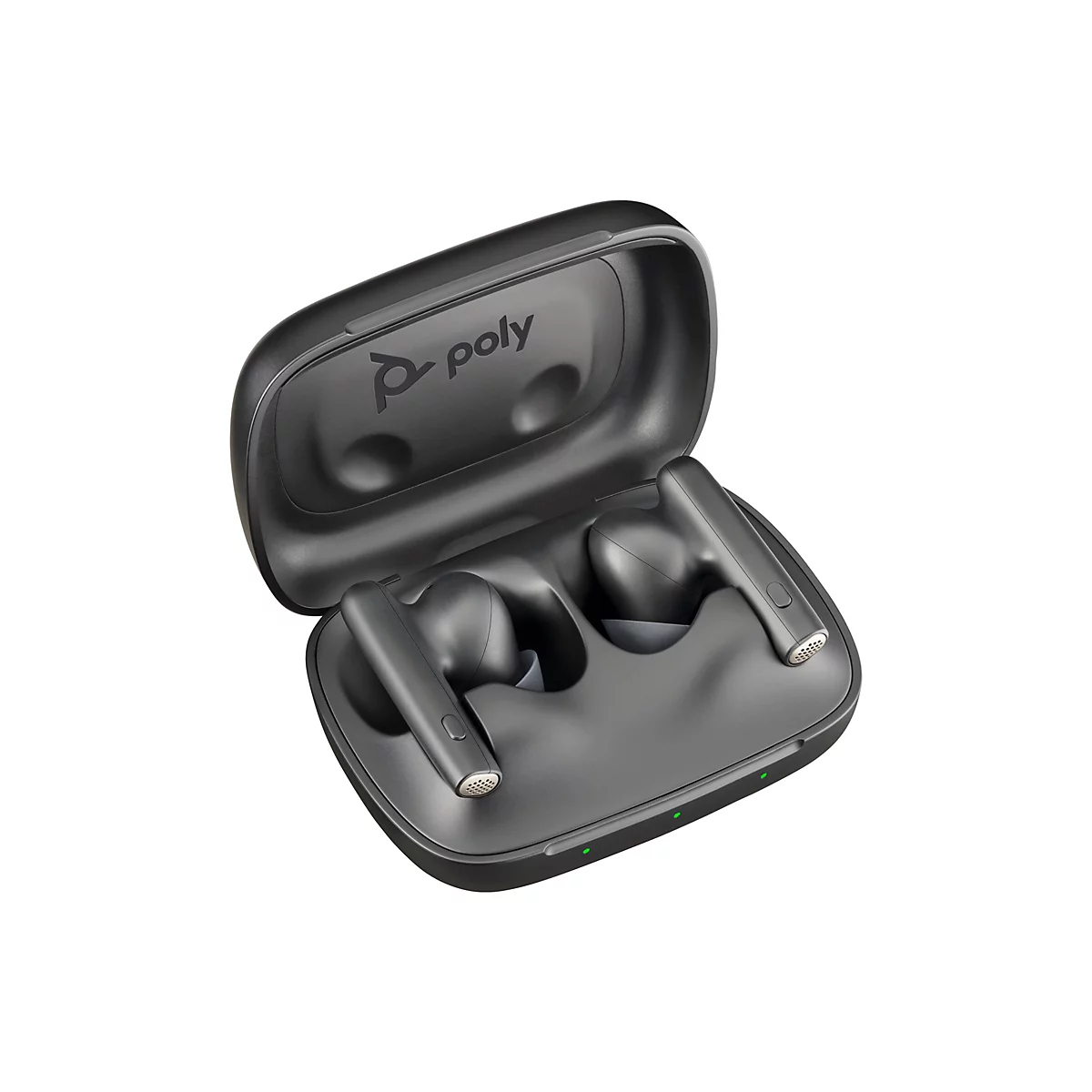 Dunkelgraue kabellose Ohrhörer mit Ladecase, offener Deckel. Case mit Poly-Logo. Zwei Ohrhörer liegen im Case.