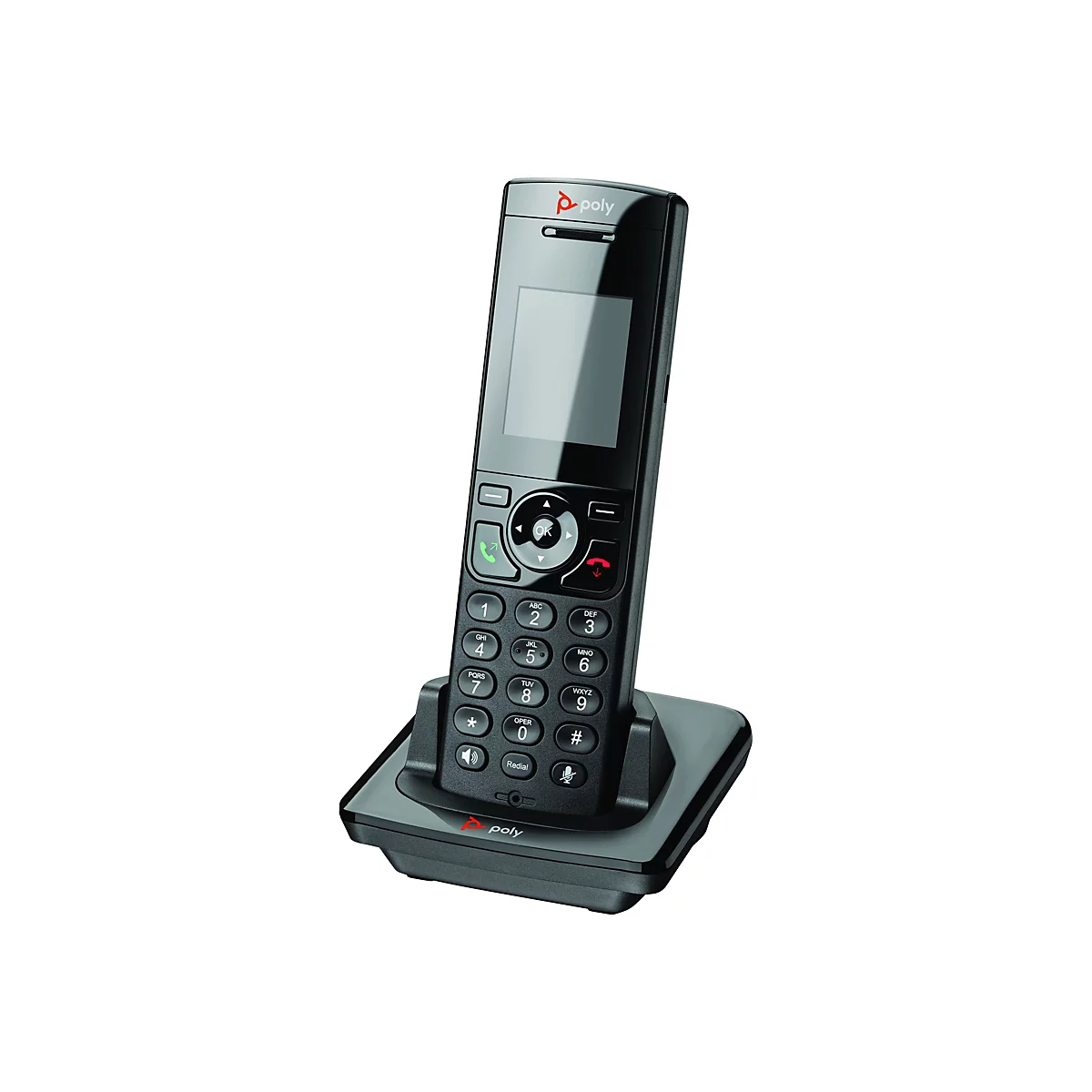 Ein schwarzes schnurloses Telefon mit Basisstation. Das Telefon hat ein Display, ein Tastenfeld und ein Logo.