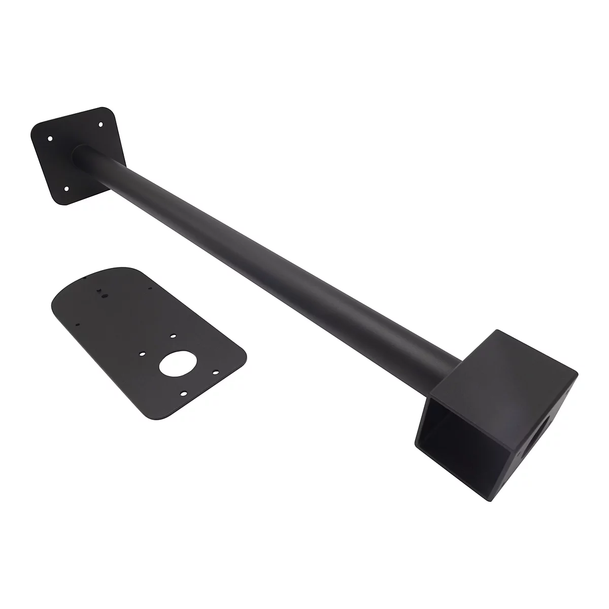 Schwarze Metallkonstruktion mit rechteckiger Grundplatte, langem Stab und einer weiteren Halterung.