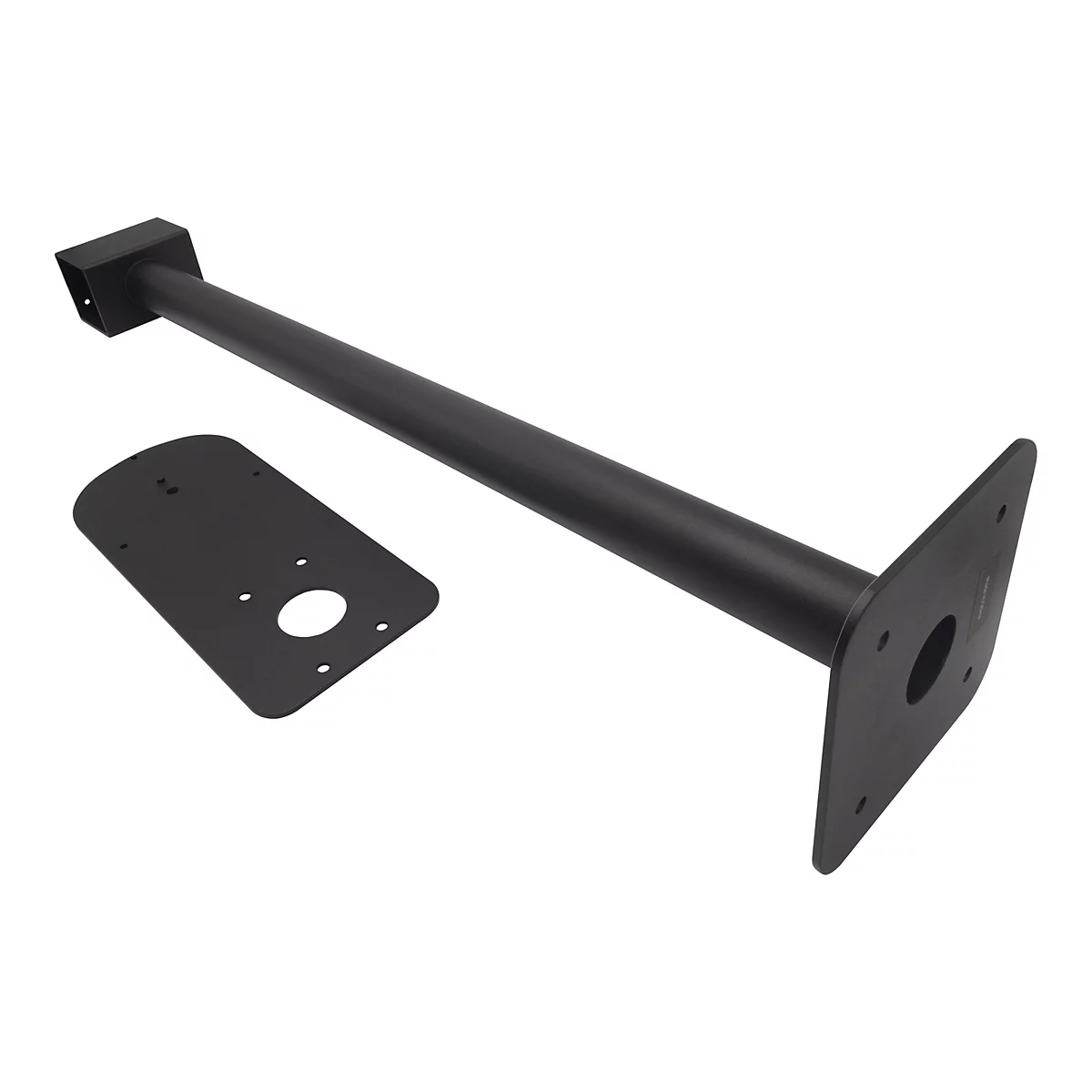 Schwarze Halterung für eine Überwachungskamera, bestehend aus einer langen Stange, einer Montageplatte und einer kleineren Platte mit Löchern.