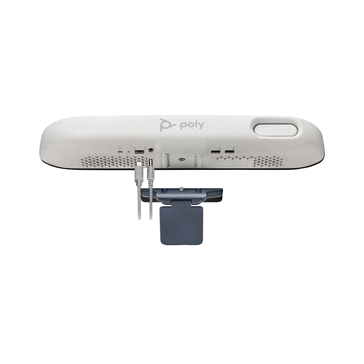 Nahaufnahme einer weißen Videokonferenz-Hardware mit Anschlüssen, Logos und einer abnehmbaren Kamerahalterung.