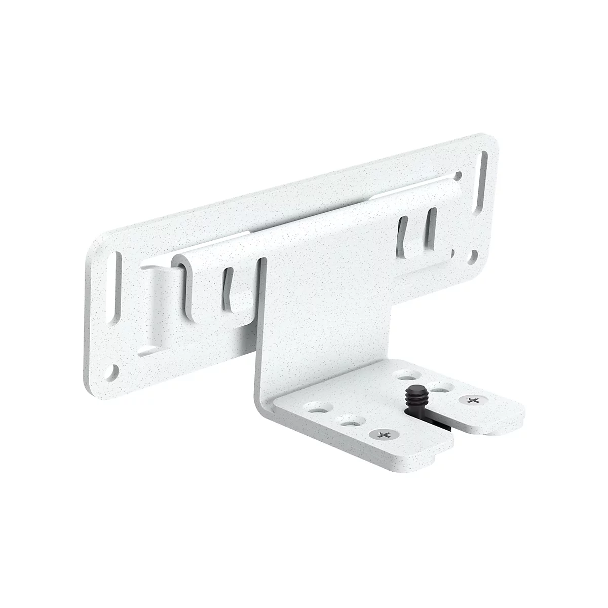Weißes, metallenes Wandhalterung. Sie hat Löcher und Aussparungen, um montiert zu werden, und einen schwarzen Schraubenanschluss.