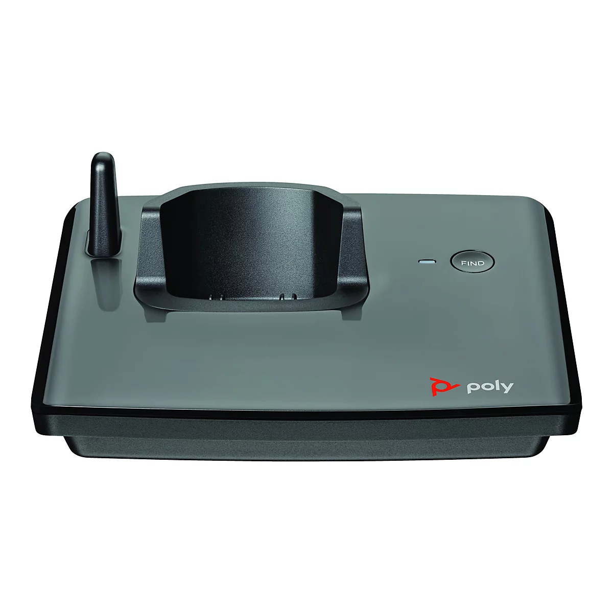 Graue Ladestation für ein Headset mit Antenne und Logo.