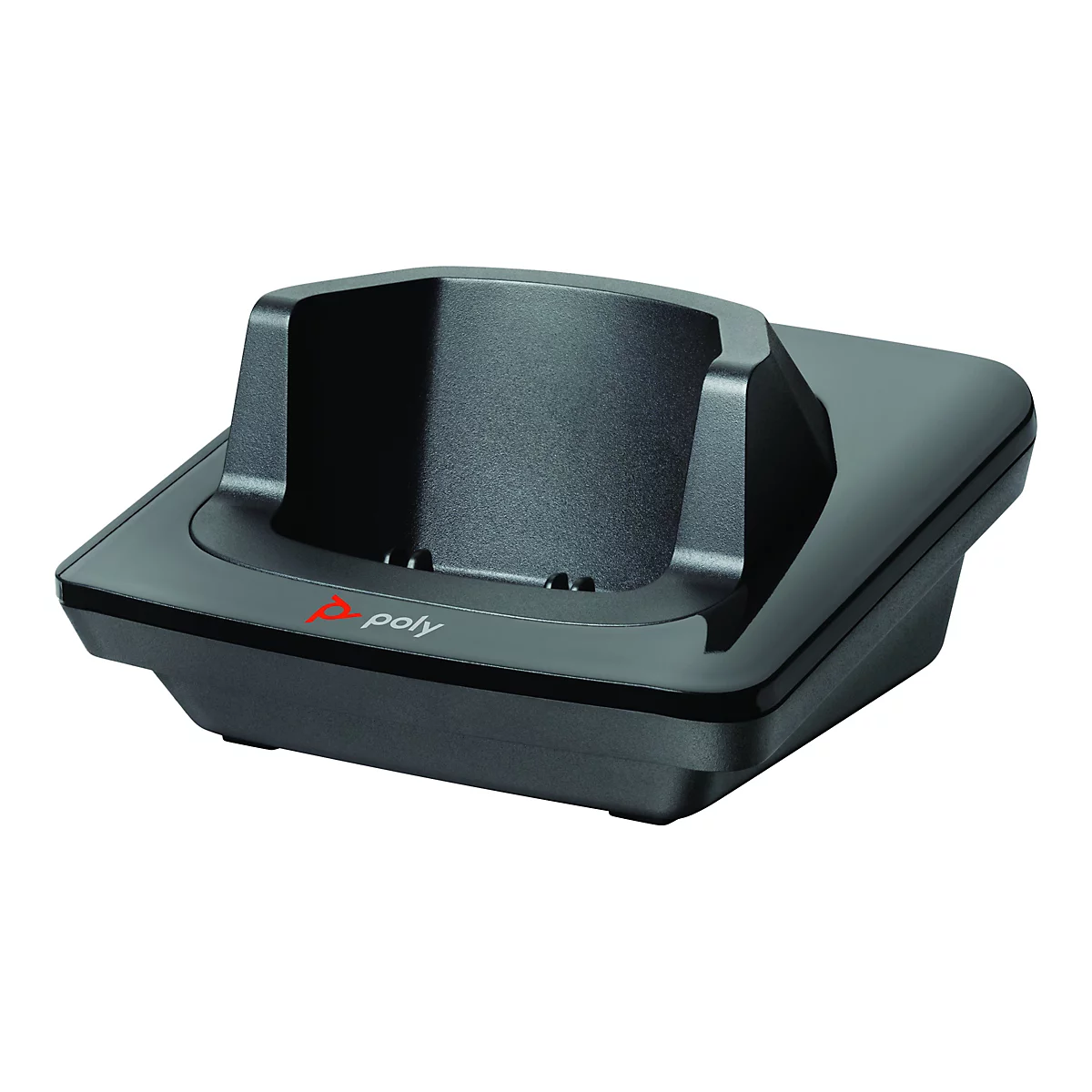 Schwarze Poly-Ladestation. Logo mit rotem „poly“-Schriftzug. Das Gerät hat eine geschwungene Form zur Aufnahme des Telefons.