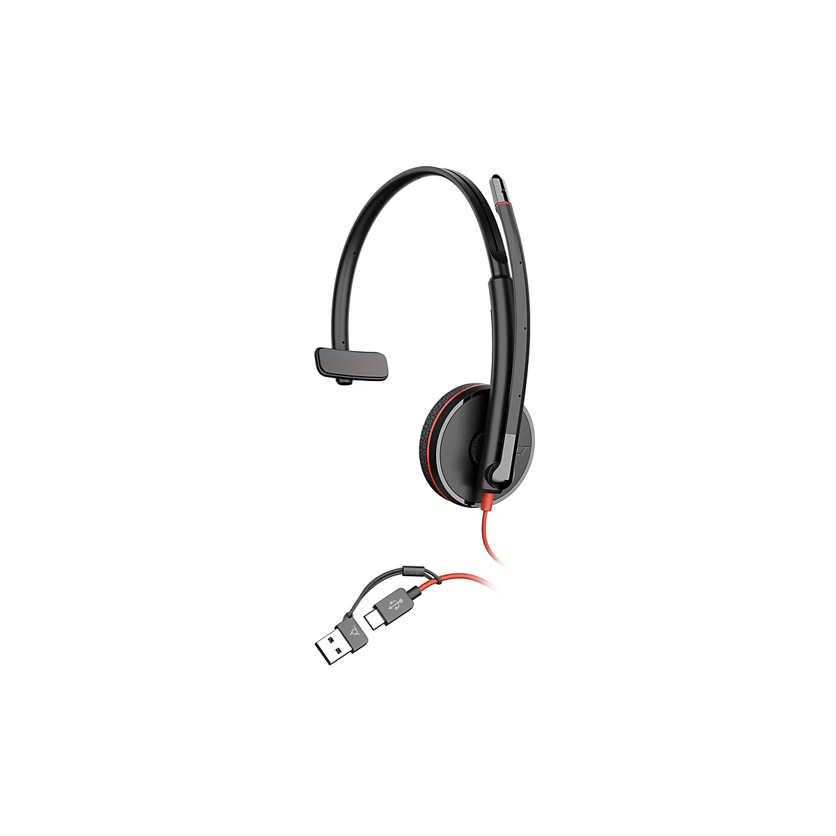 Schwarzes einohrigen Headset mit rotem Kabel und USB-A/C-Anschluss vor weißem Hintergrund.