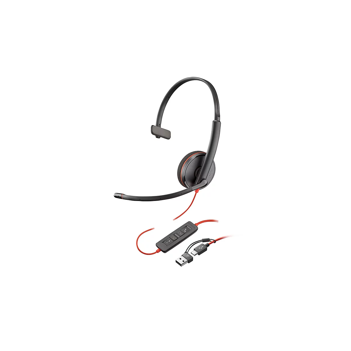 Schwarzes einseitiges Headset mit rotem Kabel und Fernbedienung, USB-A und USB-C Anschluss vor weißem Hintergrund.