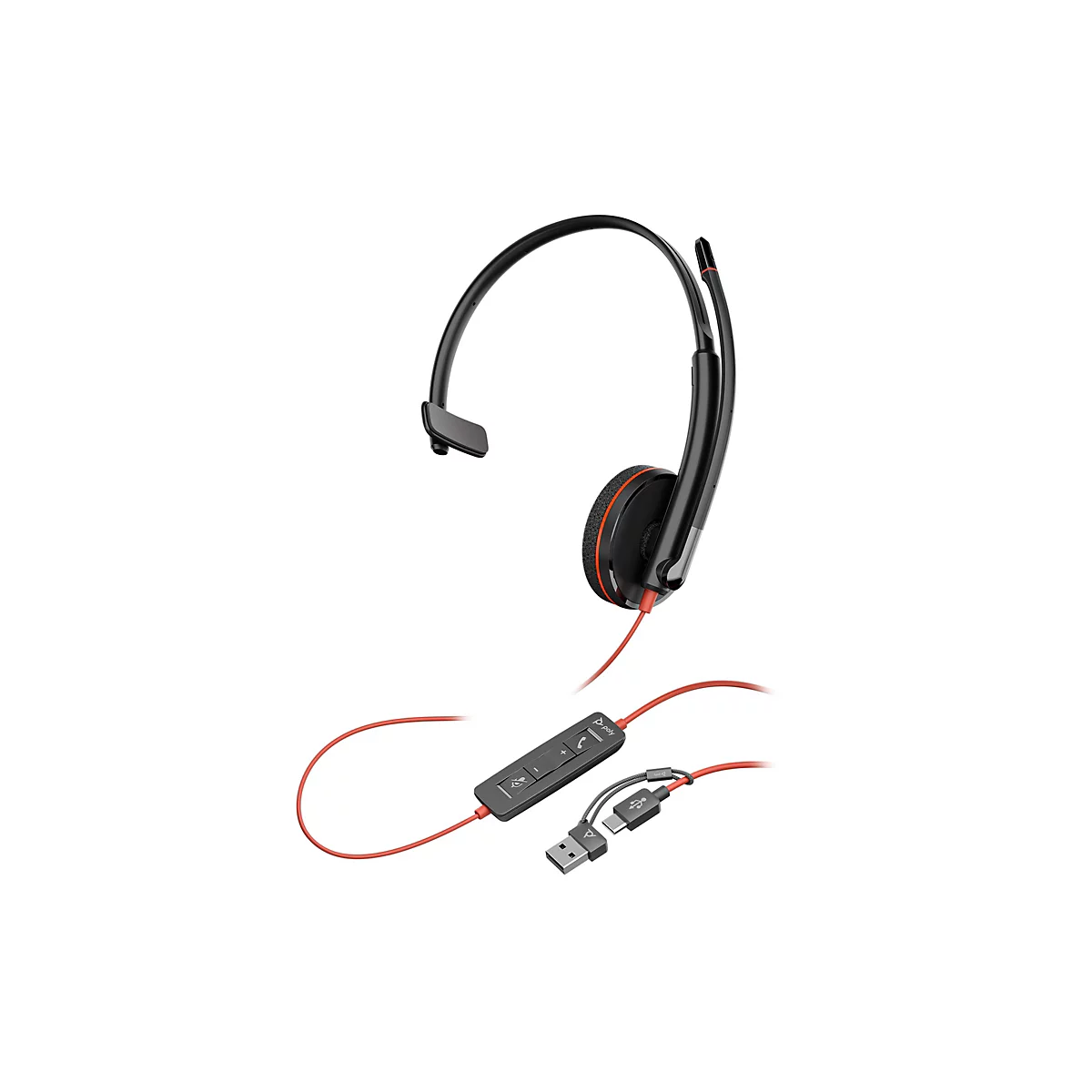 Schwarzes Poly Headset mit einem Ohrhörer, rotem Kabel und integrierter Steuereinheit mit USB-A und USB-C Anschluss.