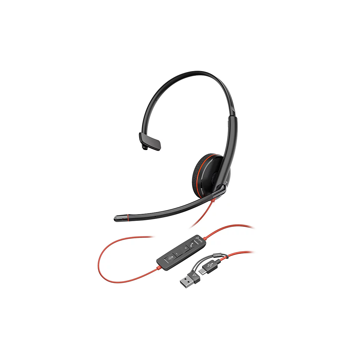 Schwarzes Poly Mono-Headset mit rotem Kabel, Mikrofonarm und USB-A sowie USB-C Anschluss.