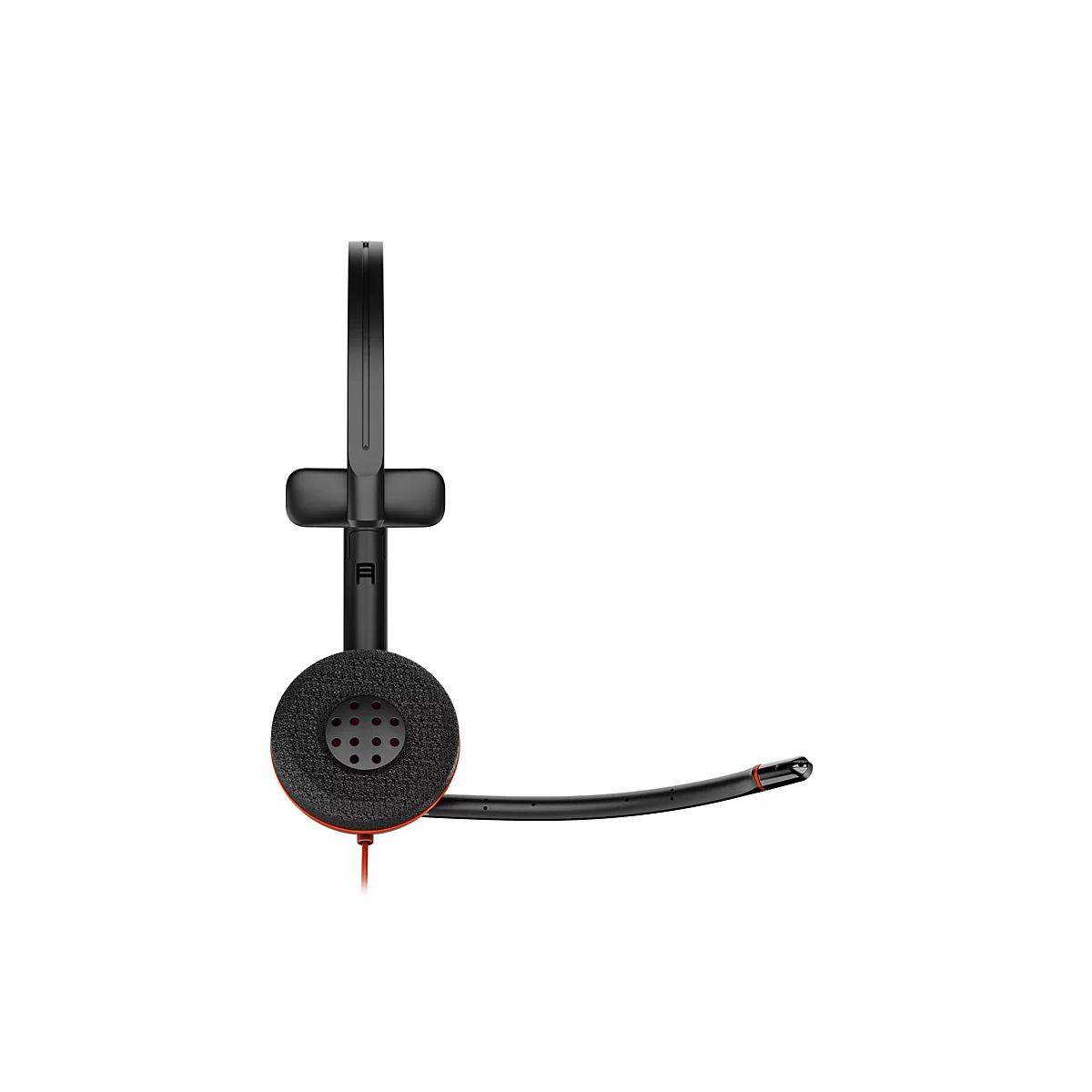 Schwarzes On-Ear-Headset in Seitenansicht mit rotem Kabelanschluss vor weißem Hintergrund.