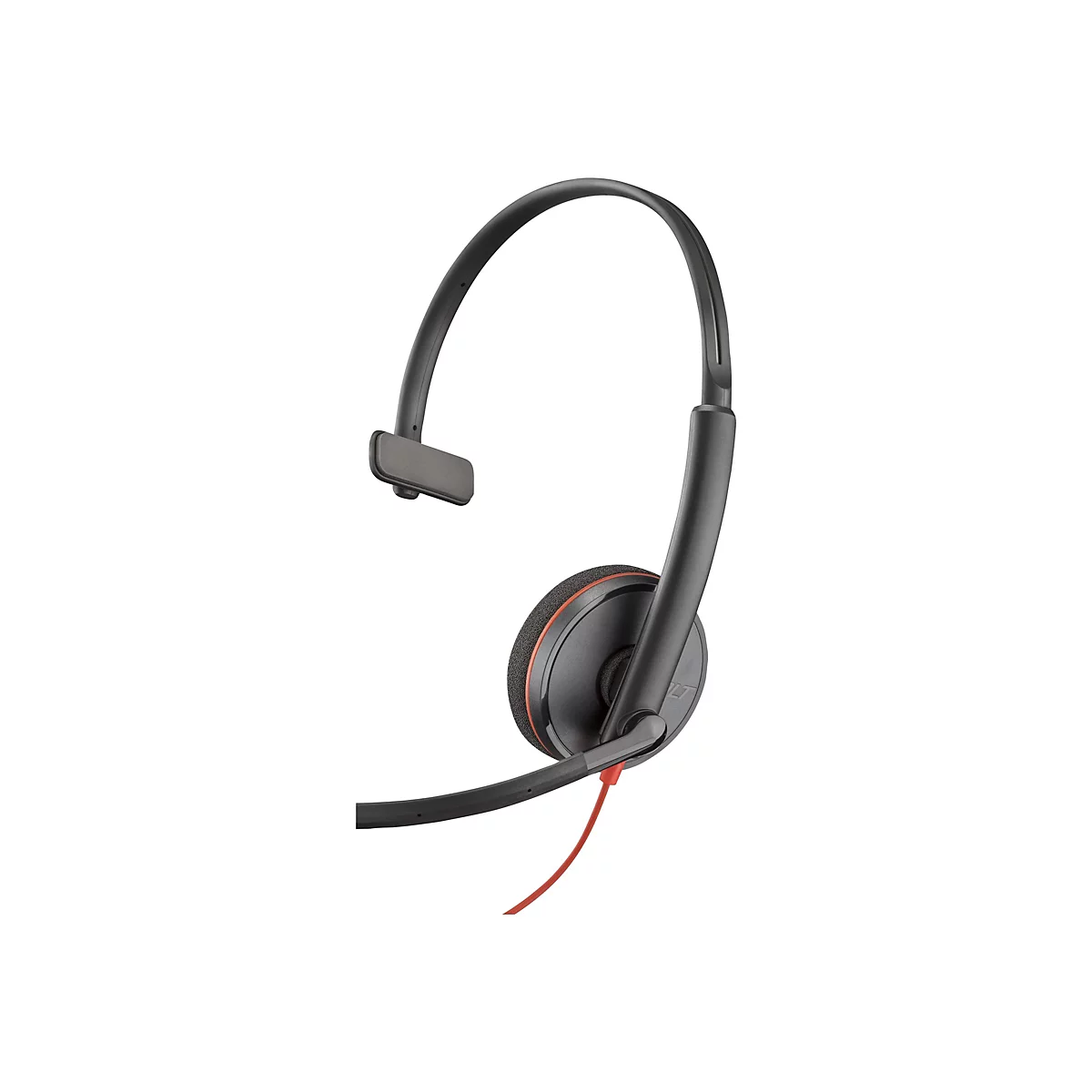 Ein schwarzes Headset mit Ohrmuschel und Mikrofon, rotes Kabel. Auf weißem Hintergrund.