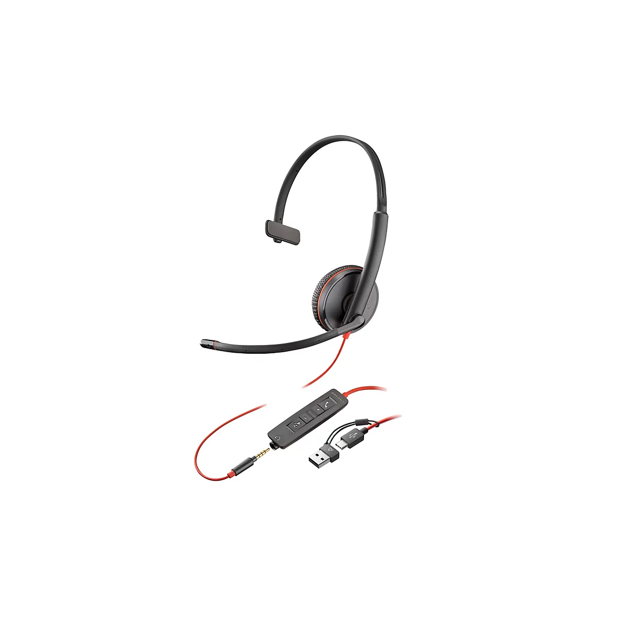 Schwarzes einohriges Headset mit rotem Kabel, Fernbedienung und USB- sowie Klinkenanschlüssen vor weißem Hintergrund.