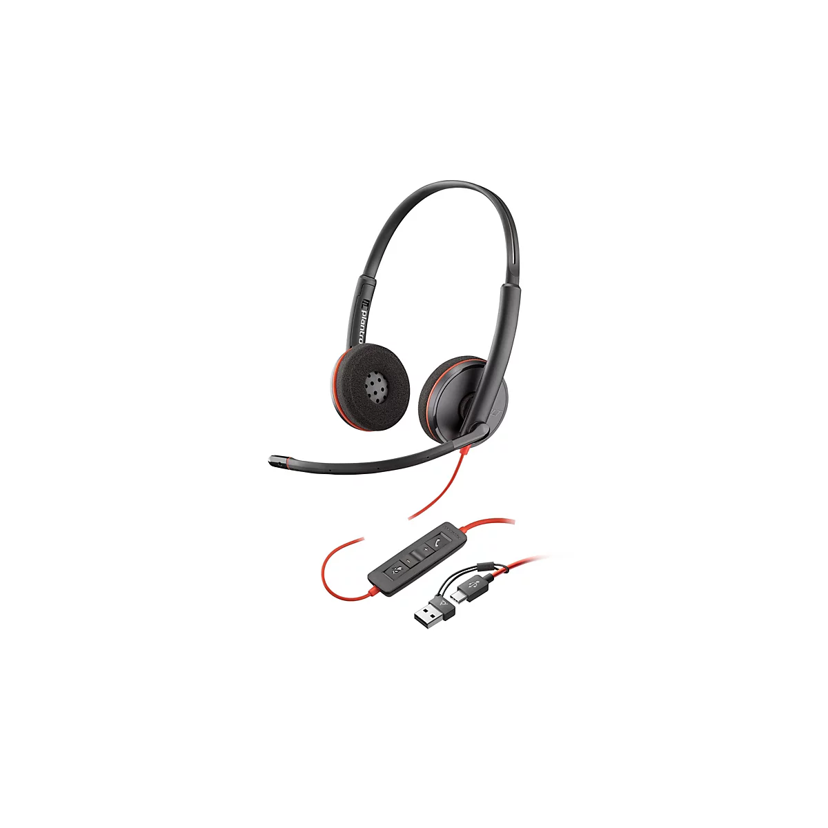 Schwarzes Plantronics-Headset mit rotem Akzent, Mikrofonarm und Kabelfernbedienung auf weißem Hintergrund.