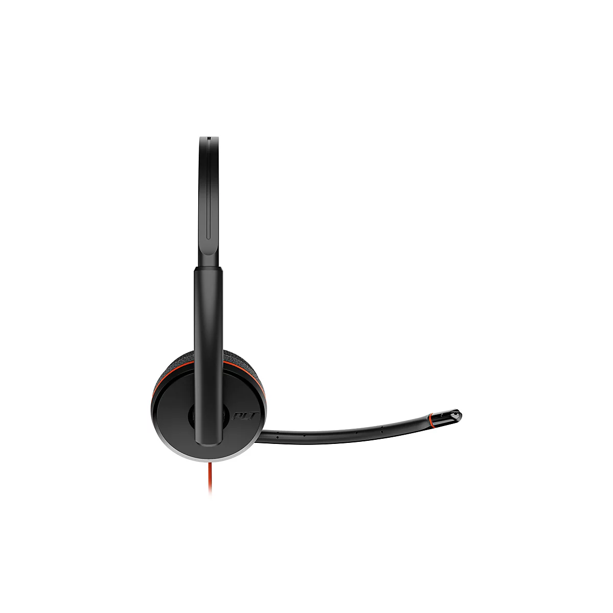 Seitliche Ansicht eines schwarzen Headsets mit Mikrofonarm und rotem Akzent, isoliert auf weißem Hintergrund.