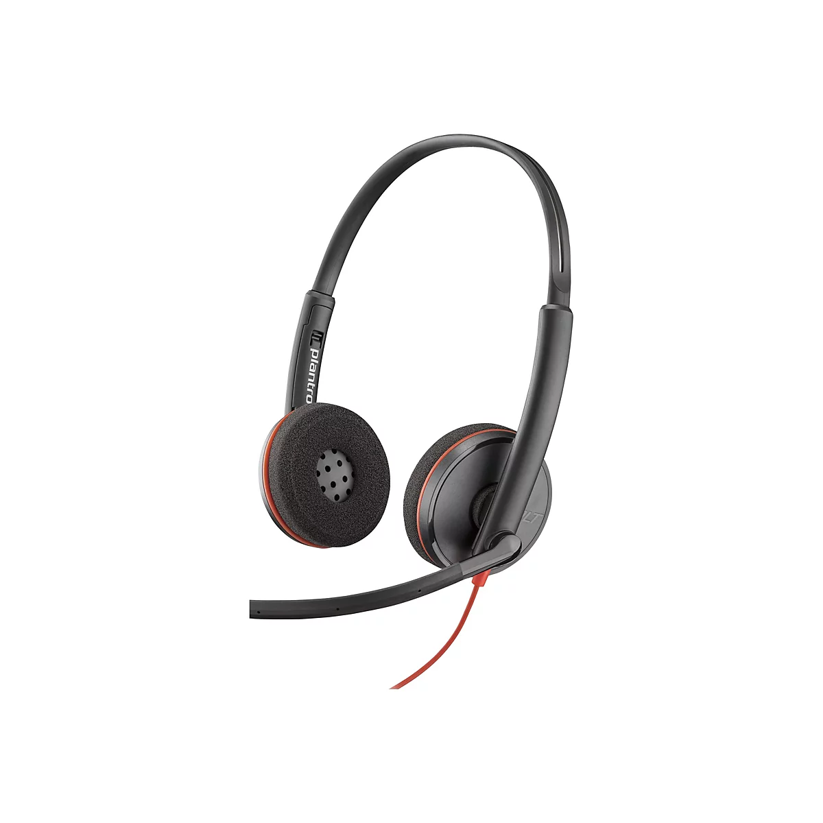 Schwarzes Plantronics Headset mit beidseitigen Ohrpolstern und Mikrofonarm vor weißem Hintergrund.