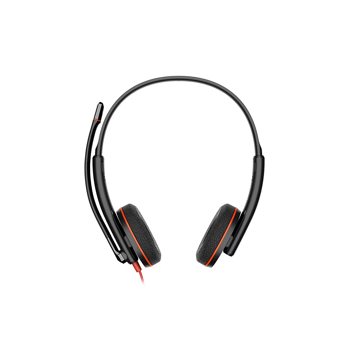 Schwarzes On-Ear-Headset mit einem Mikrofonarm auf der linken Seite und roten Akzenten vor weißem Hintergrund.