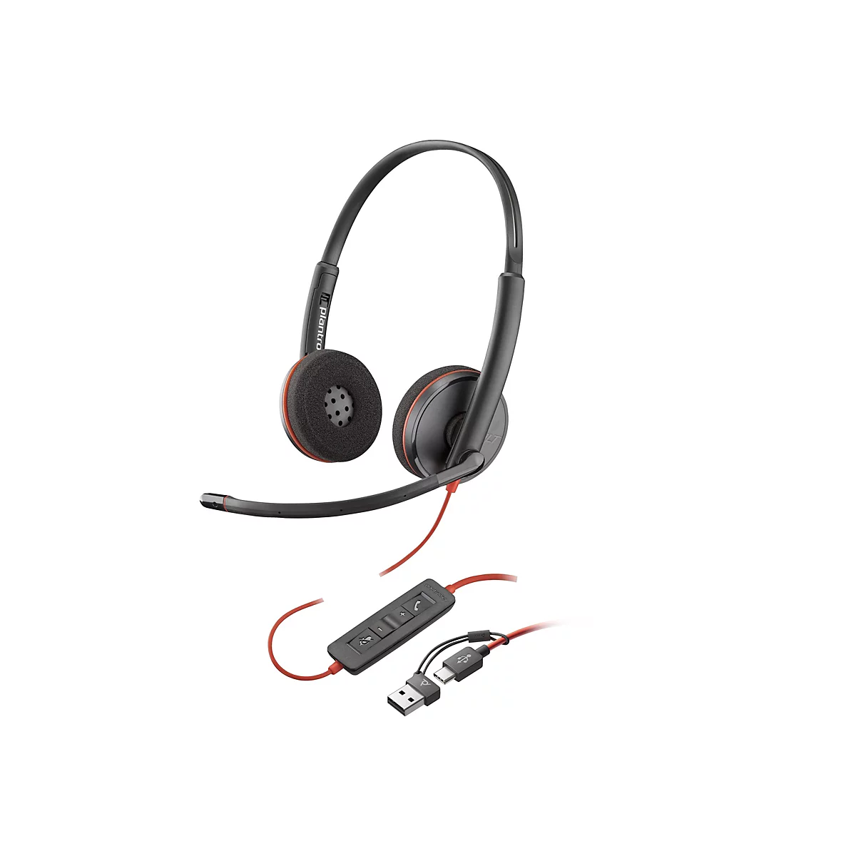 Schwarzes Plantronics Headset mit beidseitigen Ohrmuscheln, Mikrofonarm, Kabelfernbedienung und USB-Anschluss.