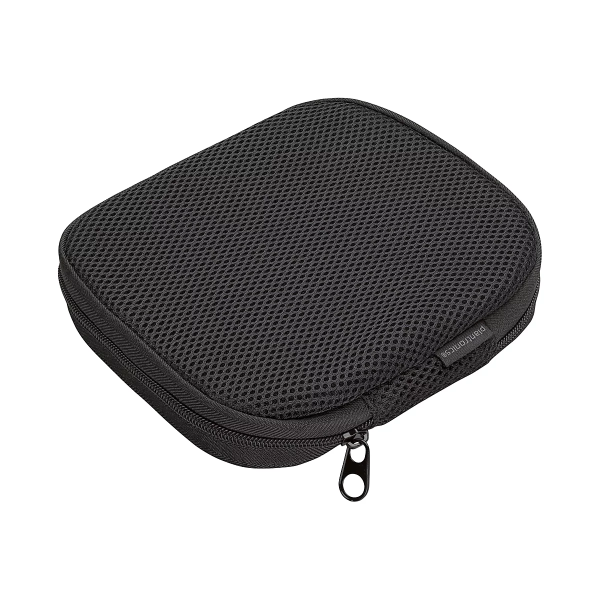 Schwarzes Etui mit Reißverschluss, Netzgewebe. Am Etui steht "plantronics".