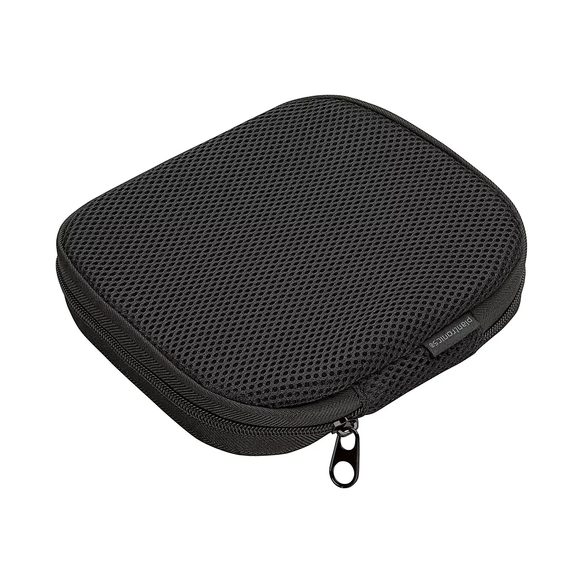 Schwarzes Etui aus Mesh-Gewebe mit Reißverschluss und Logo. Klein und rechteckig.