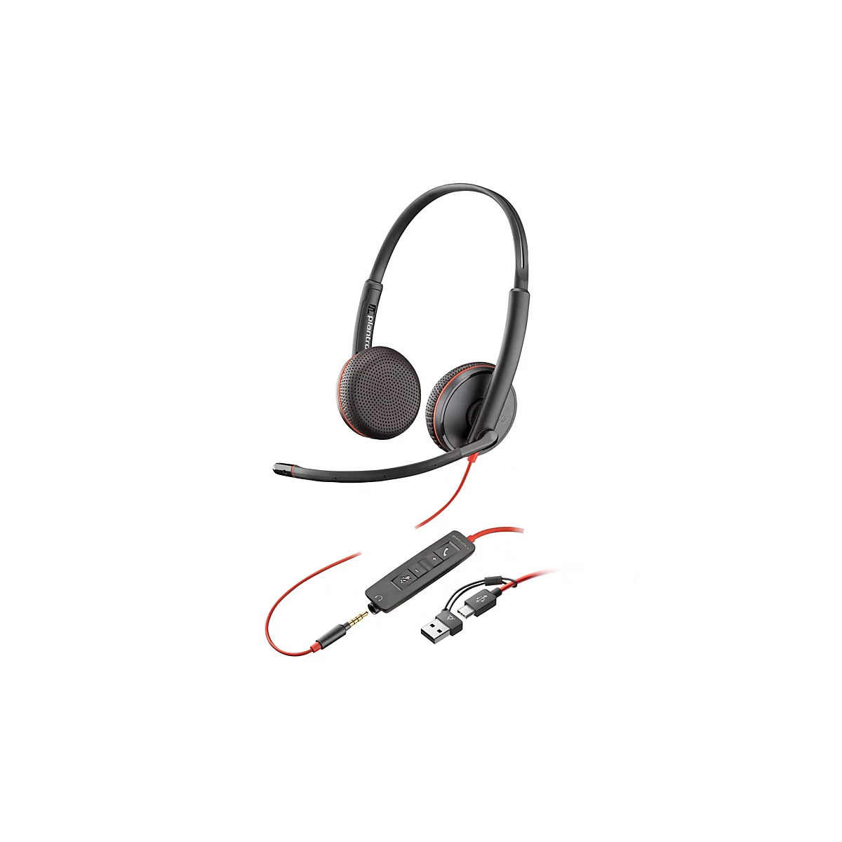 Schwarzes Plantronics Headset mit rotem Kabel und Kabelfernbedienung auf weißem Hintergrund.